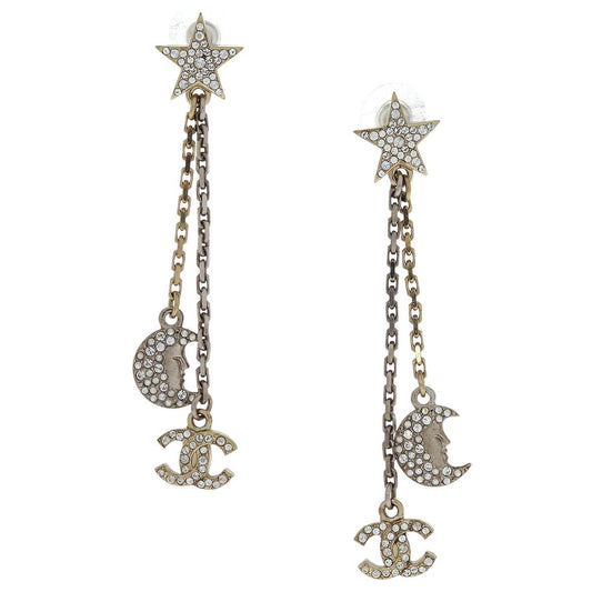 Chanel Star CC Moon Dangle Piercing Earrings Silver Rhinestone 17B