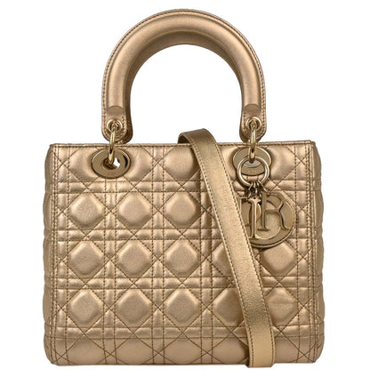 Christian Dior Gold Lambskin Medium Lady Dior Cannage 2way Shoulder Handbag