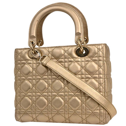 Christian Dior Gold Lambskin Medium Lady Dior Cannage 2way Shoulder Handbag