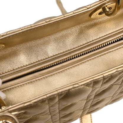 Christian Dior Gold Lambskin Medium Lady Dior Cannage 2way Shoulder Handbag