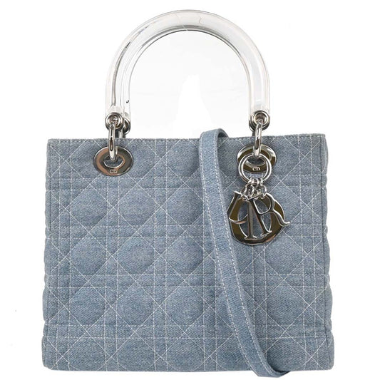 Christian Dior Light Blue Denim Medium Lady Dior Cannage 2way Shoulder Handbag