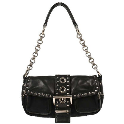 Prada Black Nylon Leather Studded Buckle Handbag