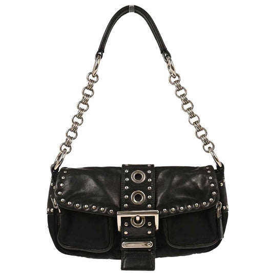 Prada Black Nylon Leather Studded Buckle Handbag