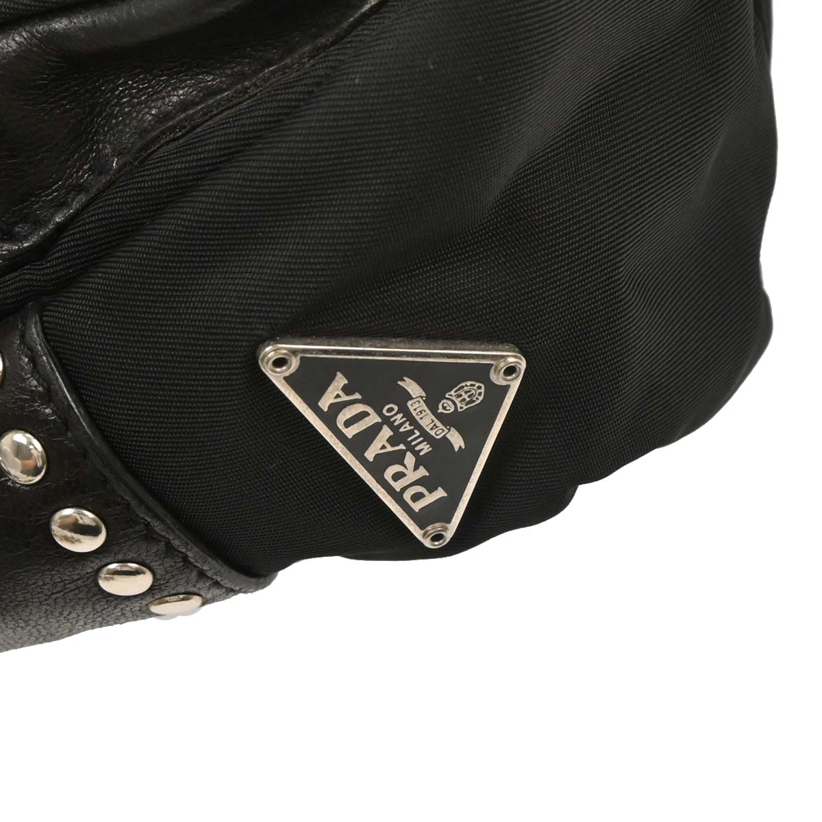 Prada Black Nylon Leather Studded Buckle Handbag