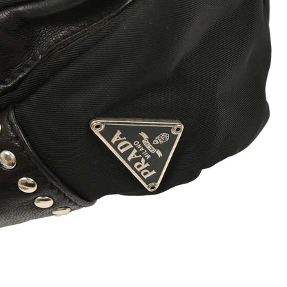Prada Black Nylon Leather Studded Buckle Handbag