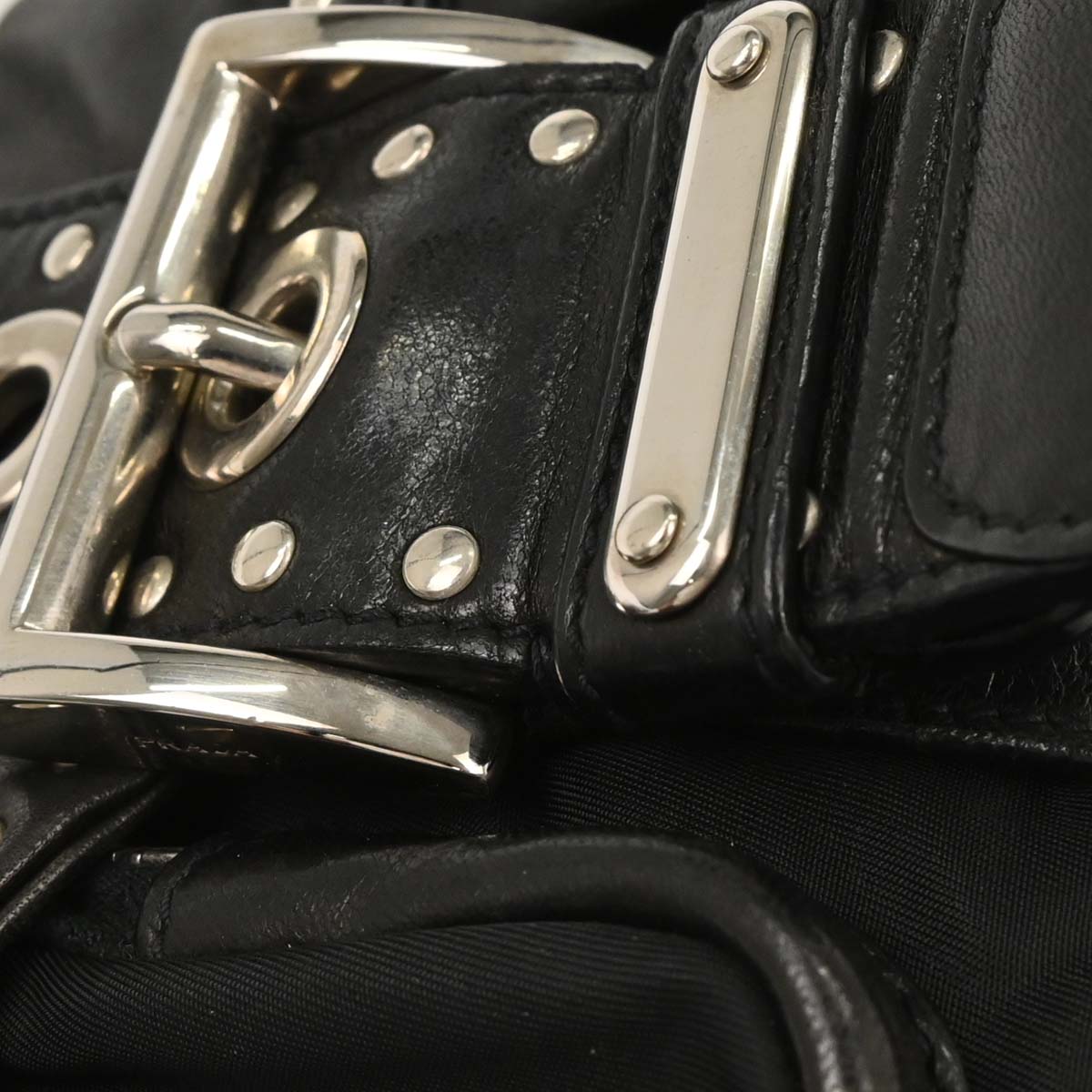 Prada Black Nylon Leather Studded Buckle Handbag