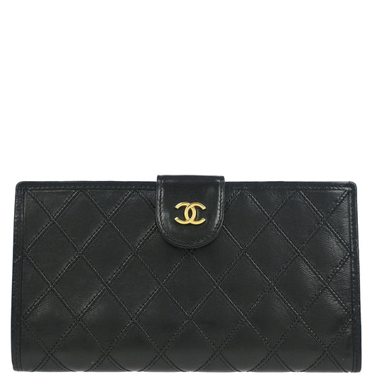 Chanel 1996-1997 Black Lambskin Bicolore Long Wallet Purse
