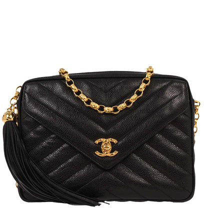 Chanel 1991-1994 Black Caviar Chevron Camera Bag Small