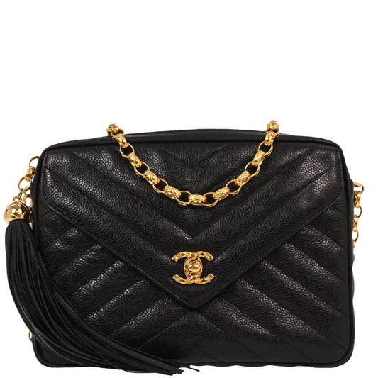 Chanel 1991-1994 Black Caviar Chevron Camera Bag Small