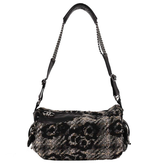 Chanel 2005-2006 Black Tweed Camellia Shoulder Bag