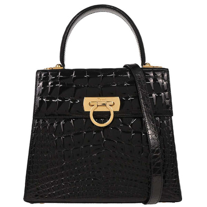 Salvatore Ferragamo * Black Crocodile Gancini 2way Shoulder Handbag