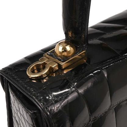 Salvatore Ferragamo * Black Crocodile Gancini 2way Shoulder Handbag