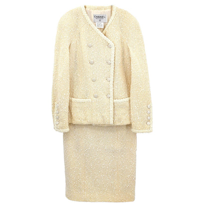 Chanel 1996 Setup Suit Collarless Jacket Skirt Off-white #38