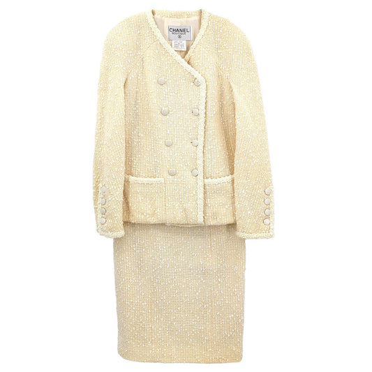 Chanel 1996 Setup Suit Collarless Jacket Skirt Off-white #38