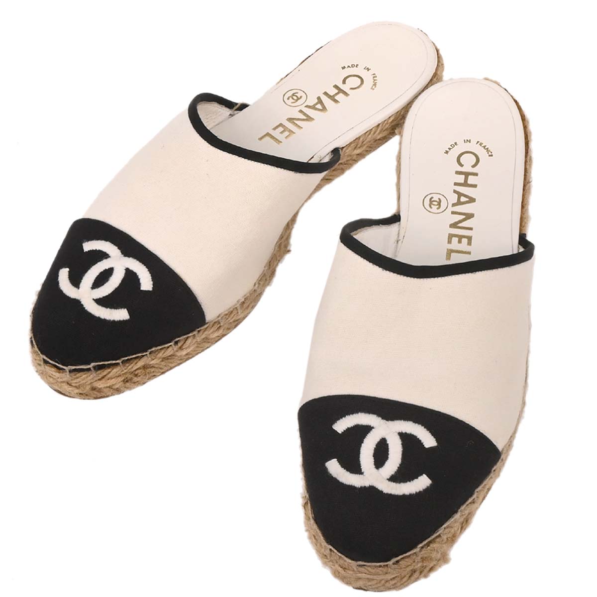 Chanel * White Canvas Espadrilles Shoes Sabot Sandals #37