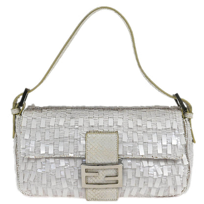 Fendi * White Sequins Python Baguette Handbag
