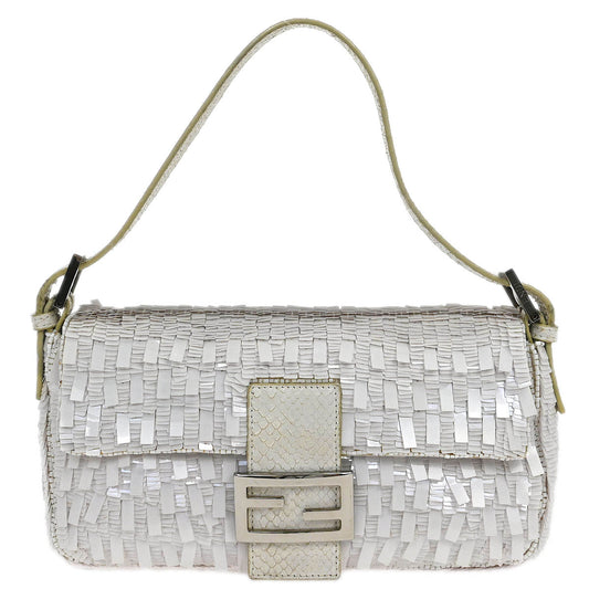 Fendi * White Sequins Python Baguette Handbag