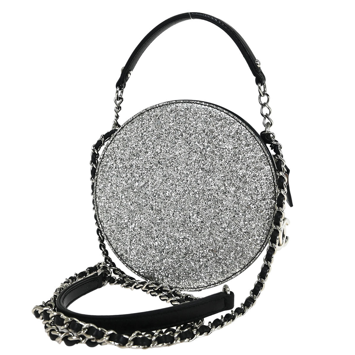 Chanel 2017-2018 Metallic Silver Patent Leather Round Chain Shoulder Bag