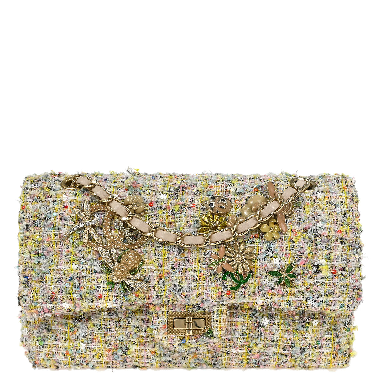 Chanel 2010-2011 White Tweed Garden Party Medium Classic Double Flap Shoulder Bag