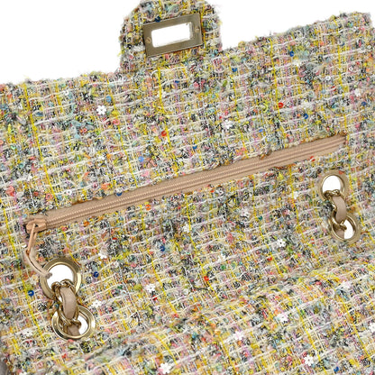 Chanel 2010-2011 White Tweed Garden Party Medium Classic Double Flap Shoulder Bag