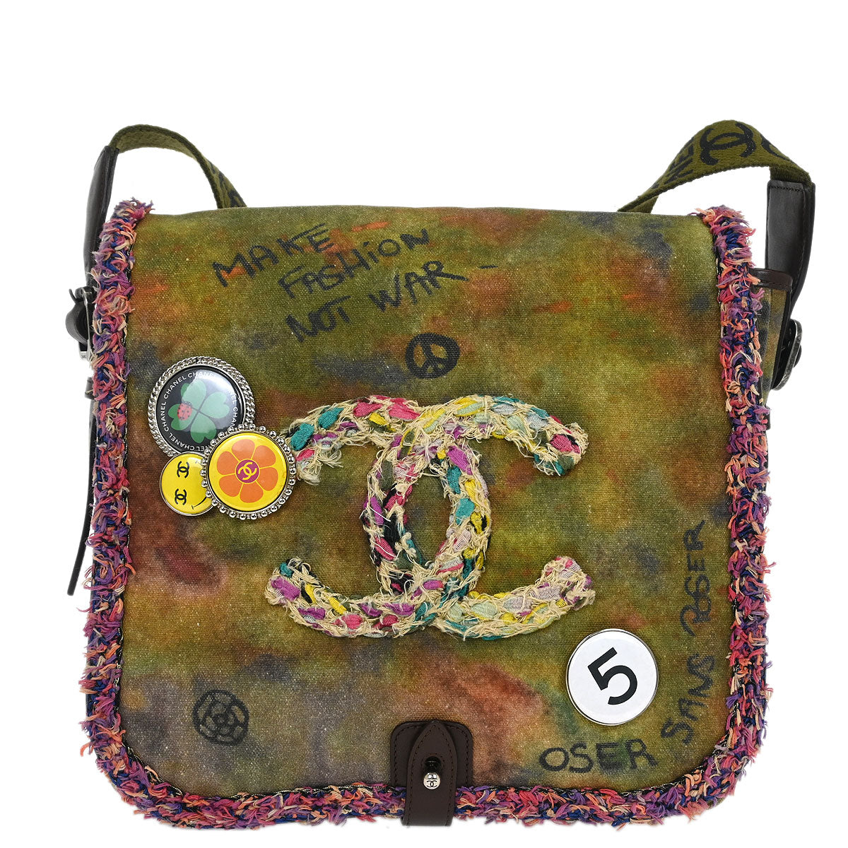 Chanel 2015-2016 Khaki Canvas Graffiti On The Pavements Shoulder Bag