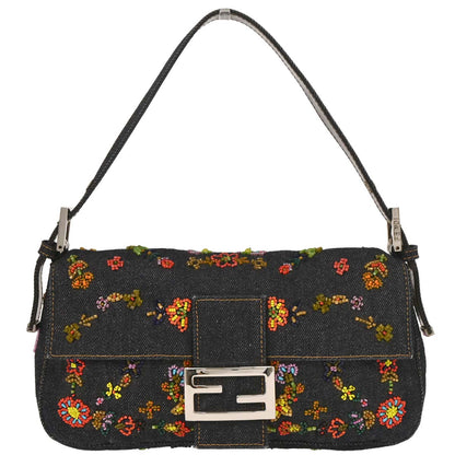 Fendi Blue Denim Beaded Baguette Handbag