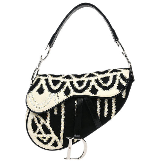 Christian Dior Black White Satin Sequins Saddle Handbag