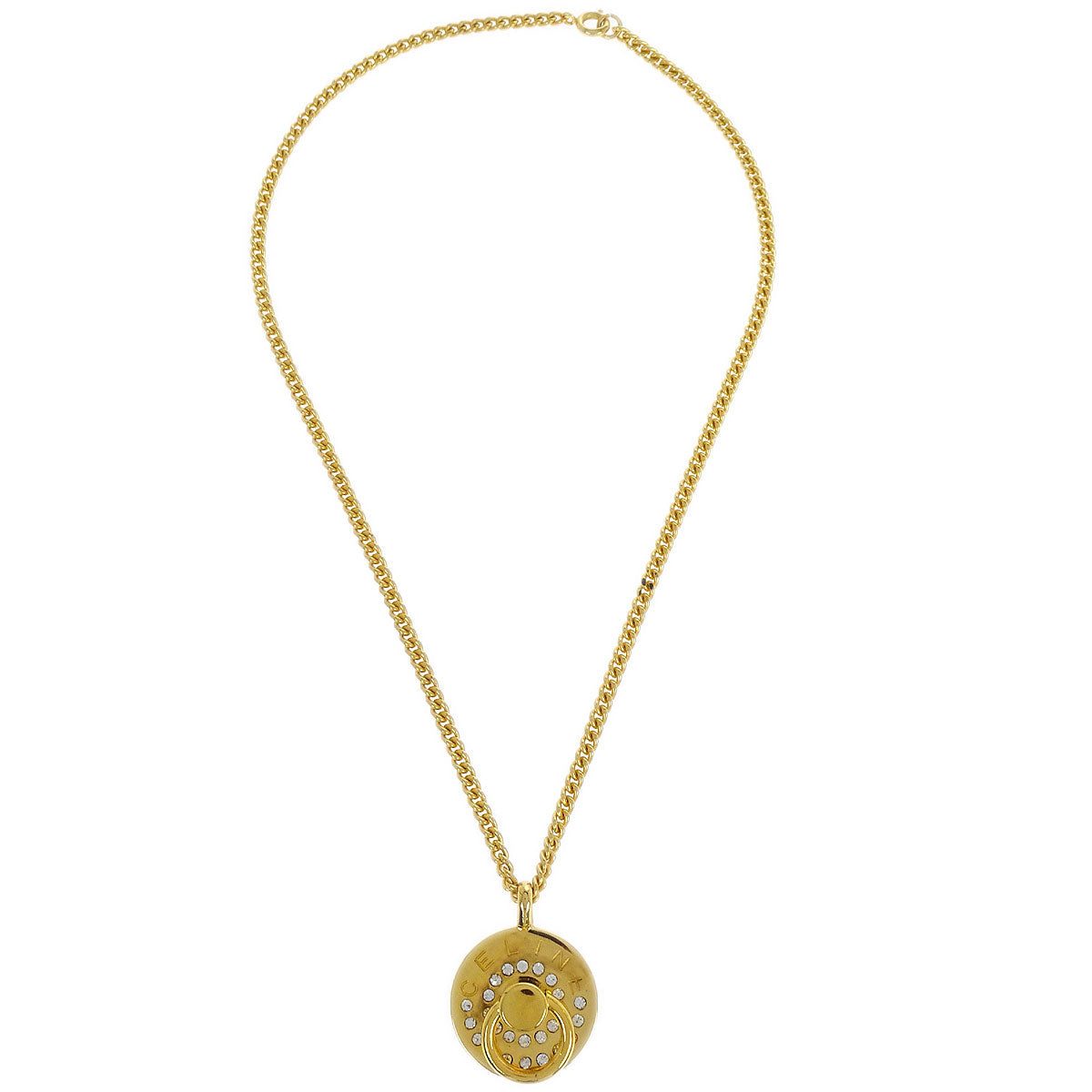 Celine Gold Chain Pendant Medallion Round Circle Necklace Rhinestone 89