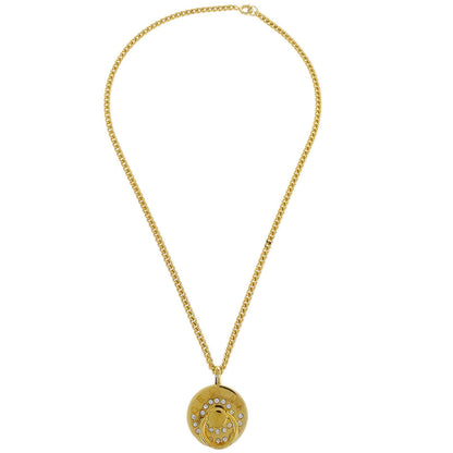 Celine Gold Chain Pendant Medallion Round Circle Necklace Rhinestone 89