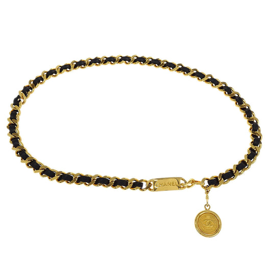 Chanel Chain Belt Medallion Gold Black Small Good 94P