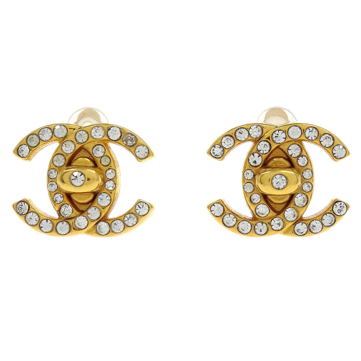 Chanel CC Turnlock Earrings Clip-On Gold Small Rhinestone 96A