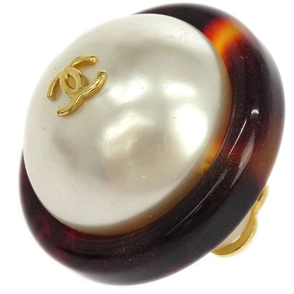 Chanel Button Earrings Clip-On Gold White Brown Costume Pearl 97P