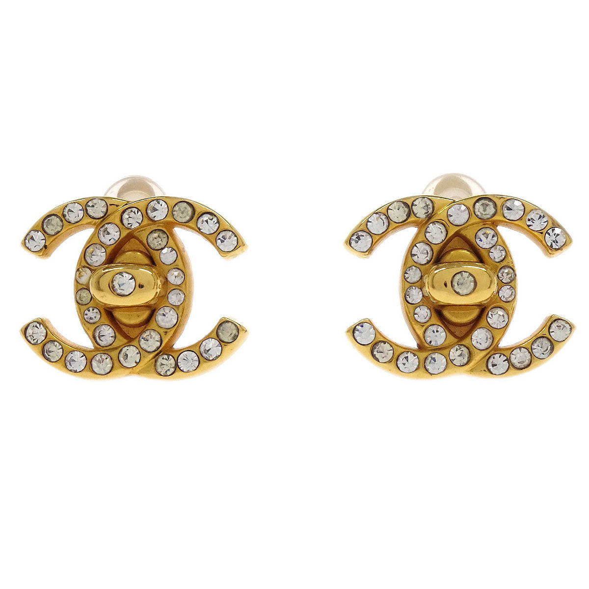 Chanel CC Turnlock Earrings Clip-On Gold Small Rhinestone 96A
