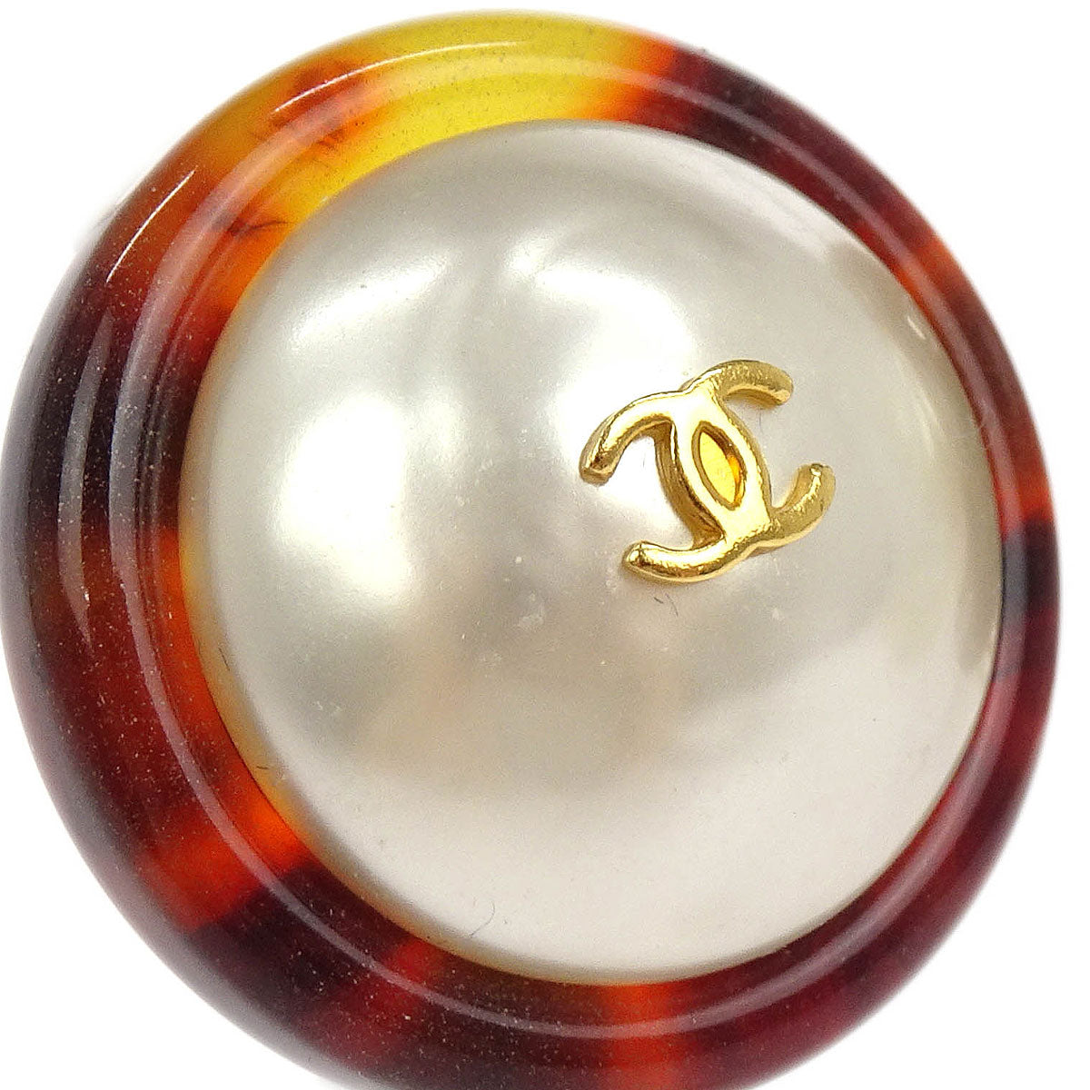 Chanel Button Earrings Clip-On Gold White Brown Costume Pearl 97P