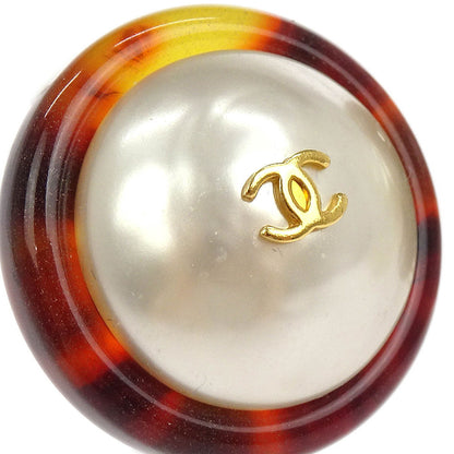 Chanel Button Earrings Clip-On Gold White Brown Costume Pearl 97P