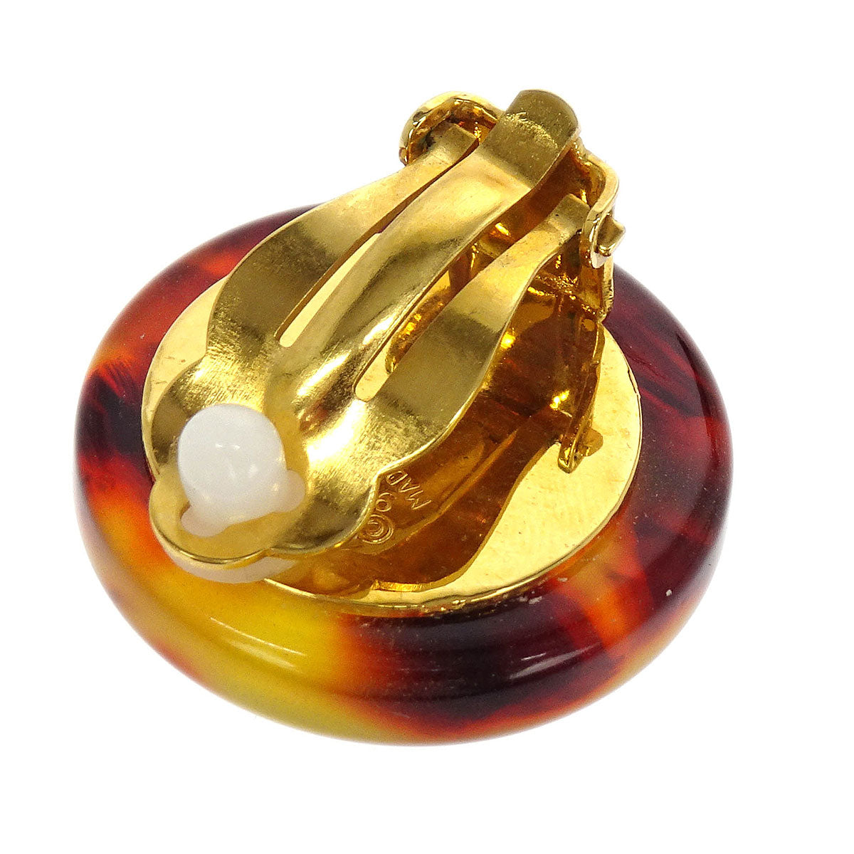 Chanel Button Earrings Clip-On Gold White Brown Costume Pearl 97P