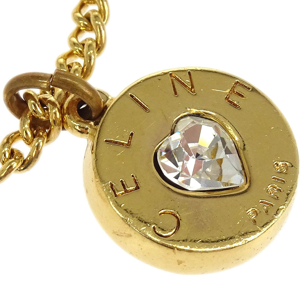 Celine Gold Chain Pendant Necklace Heart Rhinestone