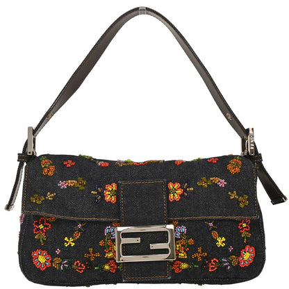 Fendi Blue Denim Beaded Baguette Handbag