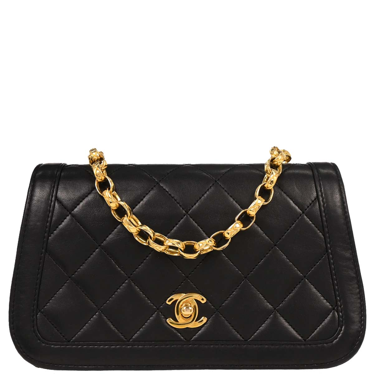 Chanel 1989-1991 Black Lambskin Turnlock Full Flap Chain Shoulder Bag