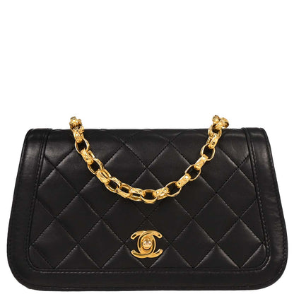 Chanel 1989-1991 Black Lambskin Turnlock Full Flap Chain Shoulder Bag