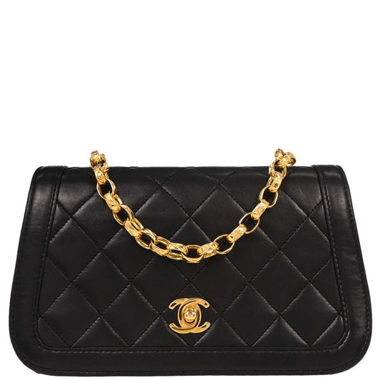 Chanel 1989-1991 Black Lambskin Turnlock Full Flap Chain Shoulder Bag