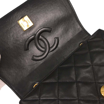 Chanel 1989-1991 Black Lambskin Turnlock Full Flap Chain Shoulder Bag