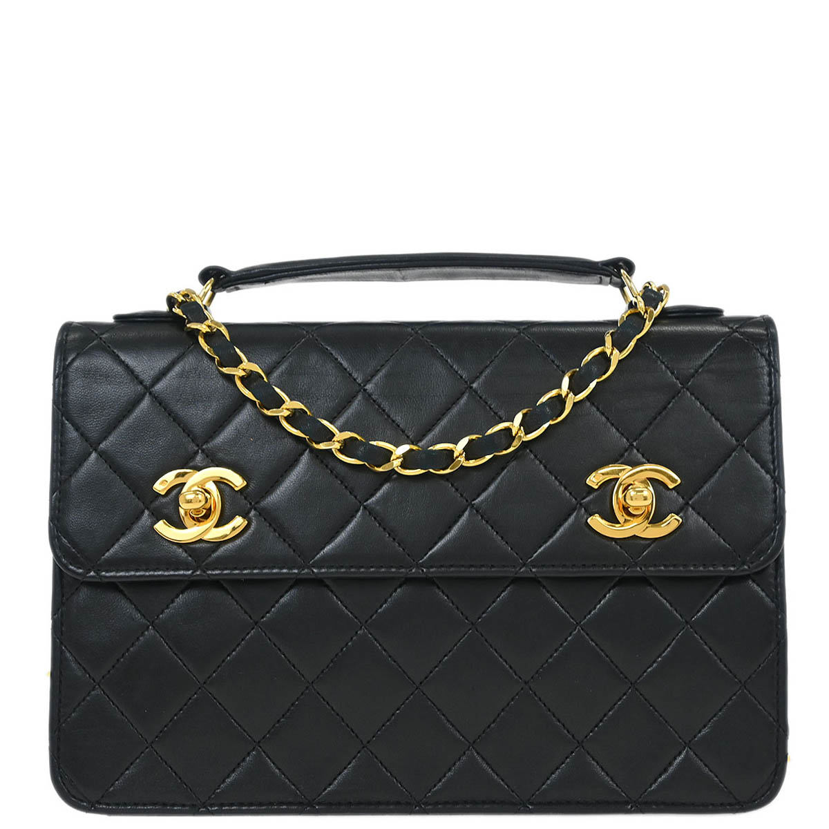 Chanel 1989-1991 Black Lambskin 2way Shoulder Handbag