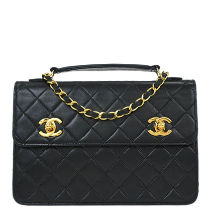 Chanel 1989-1991 Black Lambskin 2way Shoulder Handbag