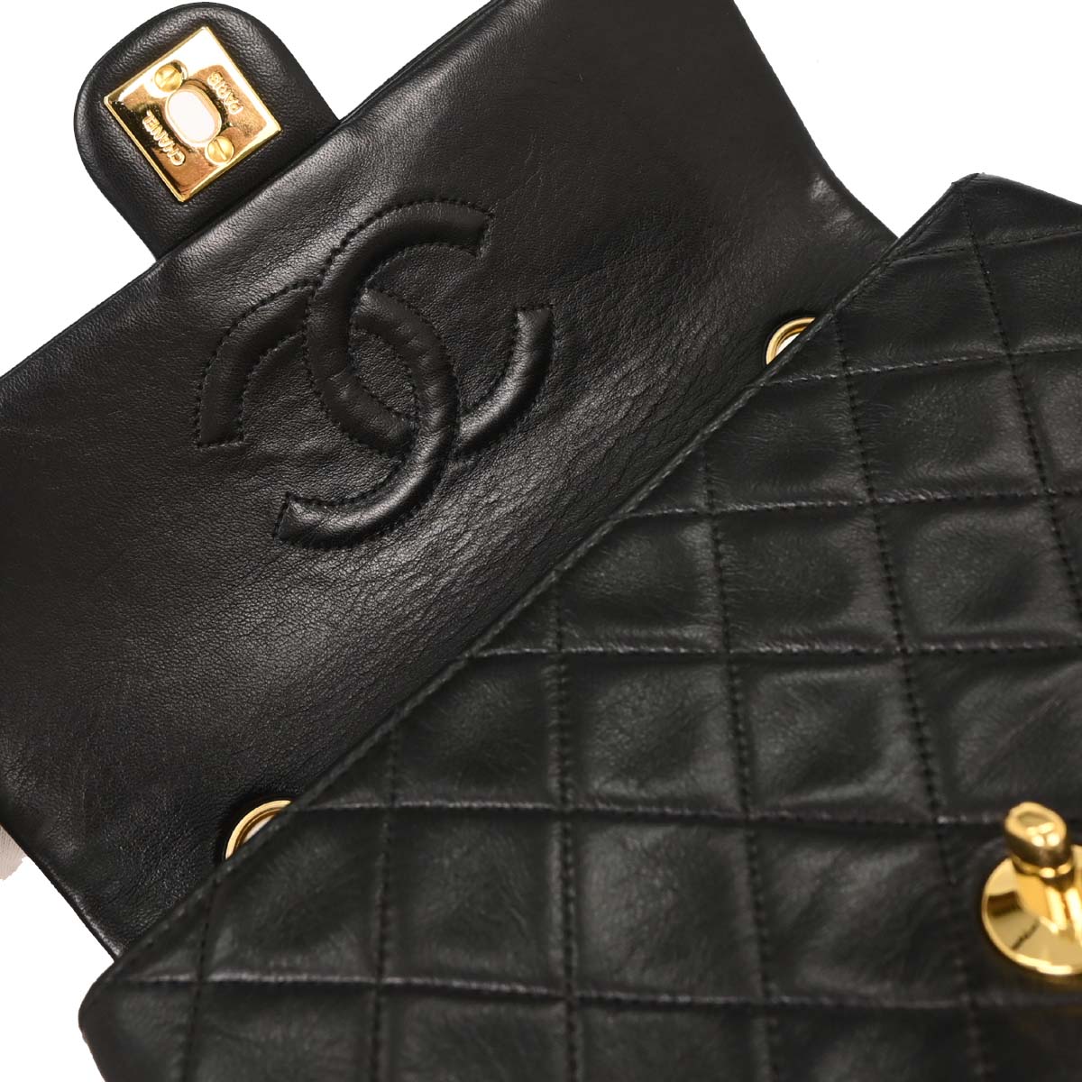 Chanel 1989-1991 Black Lambskin Classic Square Flap Shoulder Bag