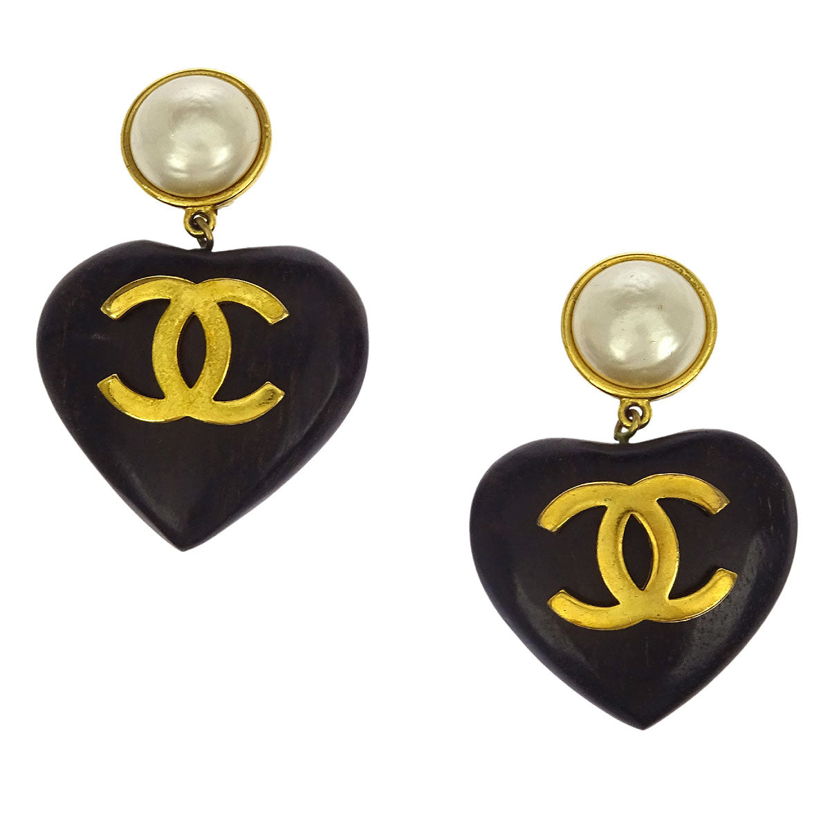 Chanel Costume Pearl Dangle Earrings Clip-On Gold Black Heart 28