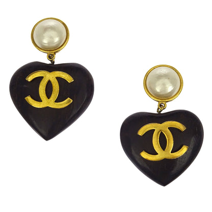 Chanel Costume Pearl Dangle Earrings Clip-On Gold Black Heart 28