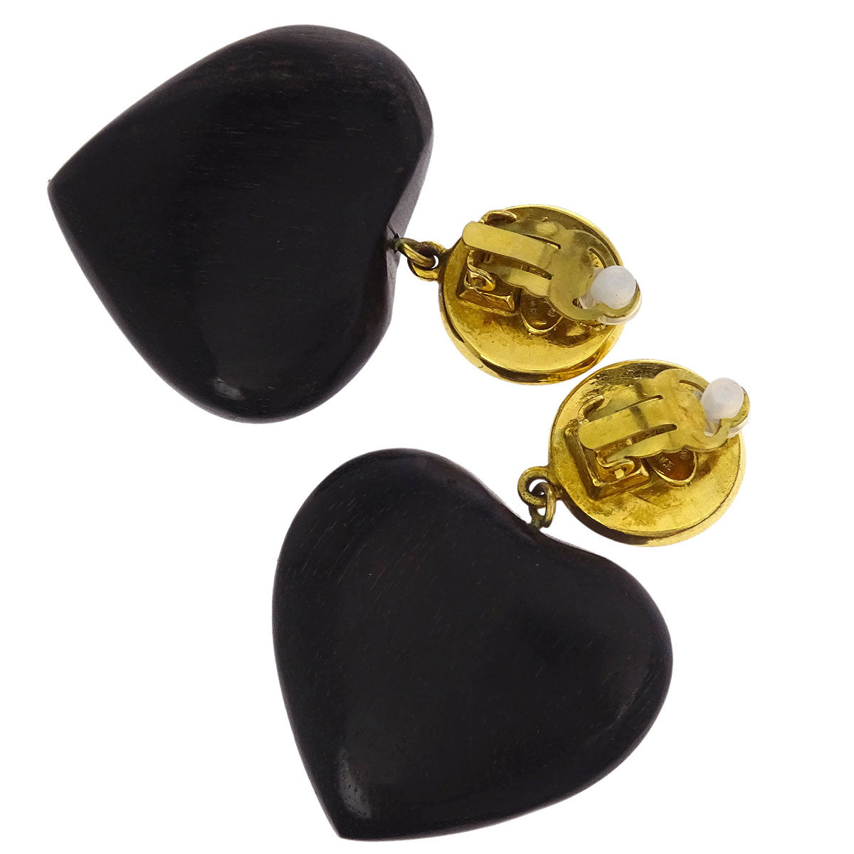 Chanel Costume Pearl Dangle Earrings Clip-On Gold Black Heart 28