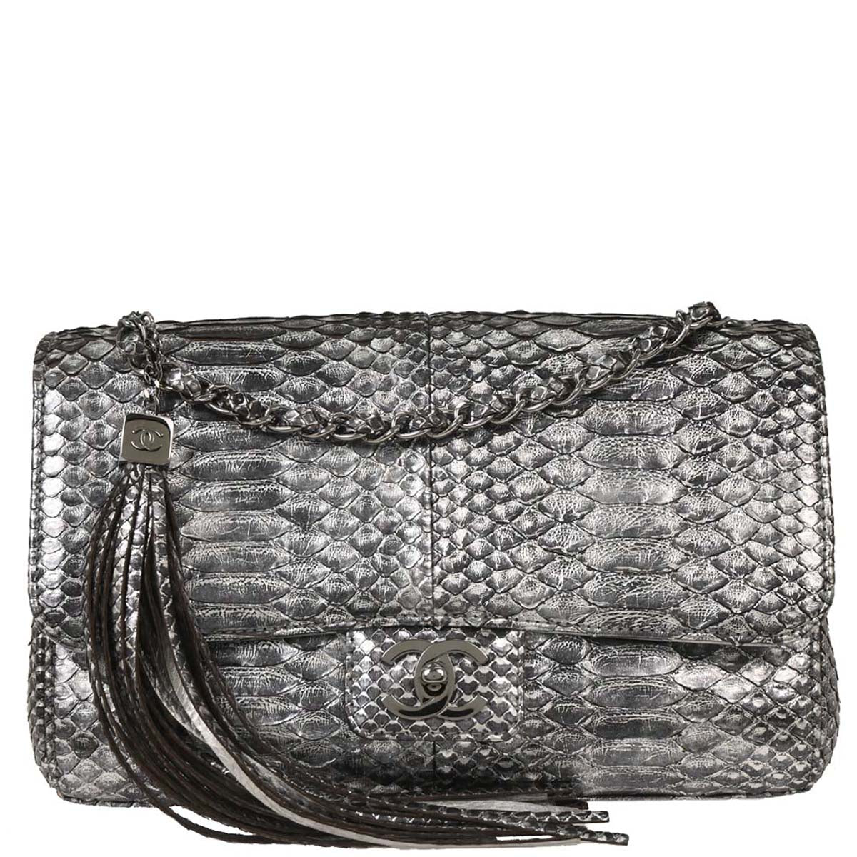 Chanel * 2006-2008 Silver Python Medium Single Flap Shoulder Bag