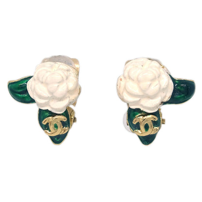 Chanel Gold White Camellia Earrings Clip-On 04A